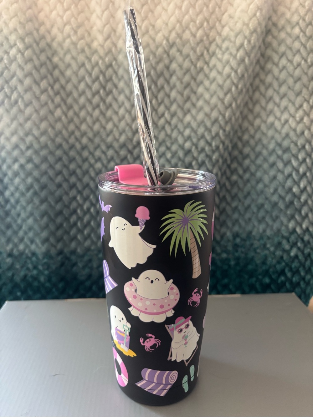 Source Unknown Black and Pink Ghost Beach Stainless Tumbler with Clear Lid